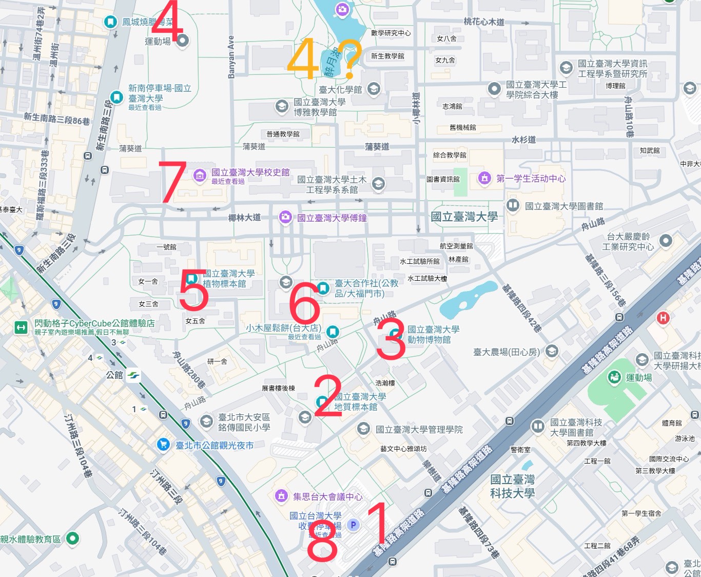 路線地圖，編號 1 到 8 依序對應上方行程